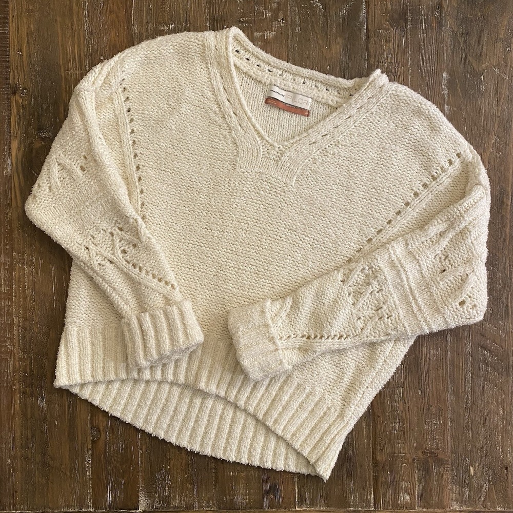 Anthropologie PILCO Sweater Womens XS Ivory Cable Knit Boho Merino Wool Blend
